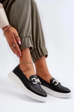 Damskie Damskie buty S.Barski Skórzane Mokasyny Damskie Na Platformie Czarne S.Barski LR720