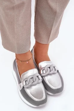 Damskie Damskie buty S.Barski Skórzane Mokasyny Damskie Z Ozdobą D&A LR51-966 Srebrne