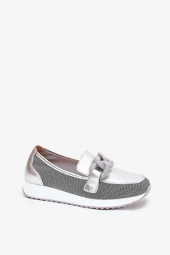 Damskie Damskie buty S.Barski Skórzane Mokasyny Damskie Z Ozdobą D&A LR51-966 Srebrne