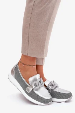 Damskie Damskie buty S.Barski Skórzane Mokasyny Damskie Z Ozdobą D&A LR51-966 Srebrne