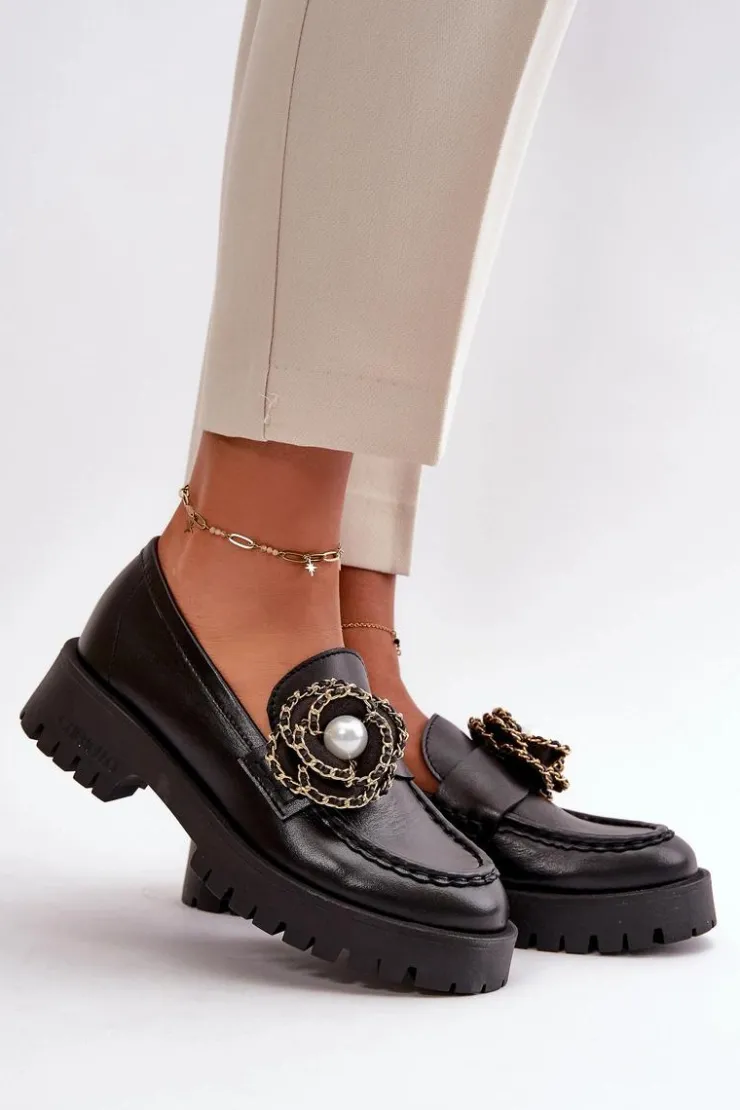 CheBello Mokasyny Damskie Skórzane*Skórzane Mokasyny Damskie Ozdobione Kwiatkiem Czarne 4520