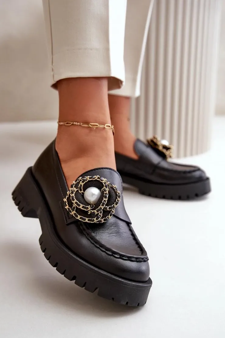 CheBello Mokasyny Damskie Skórzane*Skórzane Mokasyny Damskie Ozdobione Kwiatkiem Czarne 4520