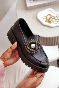 CheBello Mokasyny Damskie Skórzane*Skórzane Mokasyny Damskie Ozdobione Kwiatkiem Czarne 4520