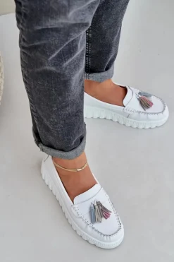 Evento Loafersy Damskie|Mokasyny Damskie Skórzane*Skórzane Mokasyny Damskie Z Frędzlami Na Platformie I Koturnie Białe Eleazetta