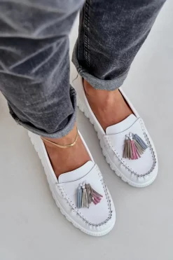 Evento Loafersy Damskie|Mokasyny Damskie Skórzane*Skórzane Mokasyny Damskie Z Frędzlami Na Platformie I Koturnie Białe Eleazetta