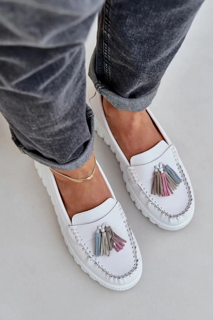 Evento Loafersy Damskie|Mokasyny Damskie Skórzane*Skórzane Mokasyny Damskie Z Frędzlami Na Platformie I Koturnie Białe Eleazetta