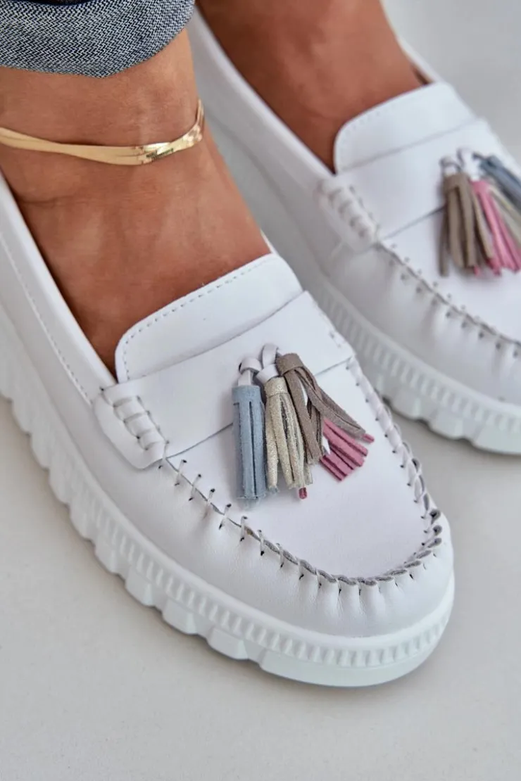 Evento Loafersy Damskie|Mokasyny Damskie Skórzane*Skórzane Mokasyny Damskie Z Frędzlami Na Platformie I Koturnie Białe Eleazetta