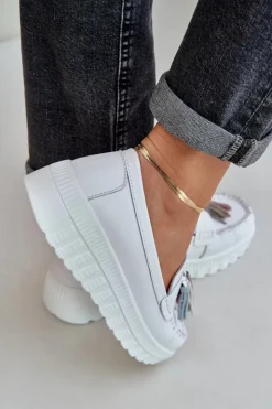 Evento Loafersy Damskie|Mokasyny Damskie Skórzane*Skórzane Mokasyny Damskie Z Frędzlami Na Platformie I Koturnie Białe Eleazetta