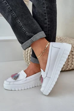 Evento Loafersy Damskie|Mokasyny Damskie Skórzane*Skórzane Mokasyny Damskie Z Frędzlami Na Platformie I Koturnie Białe Eleazetta