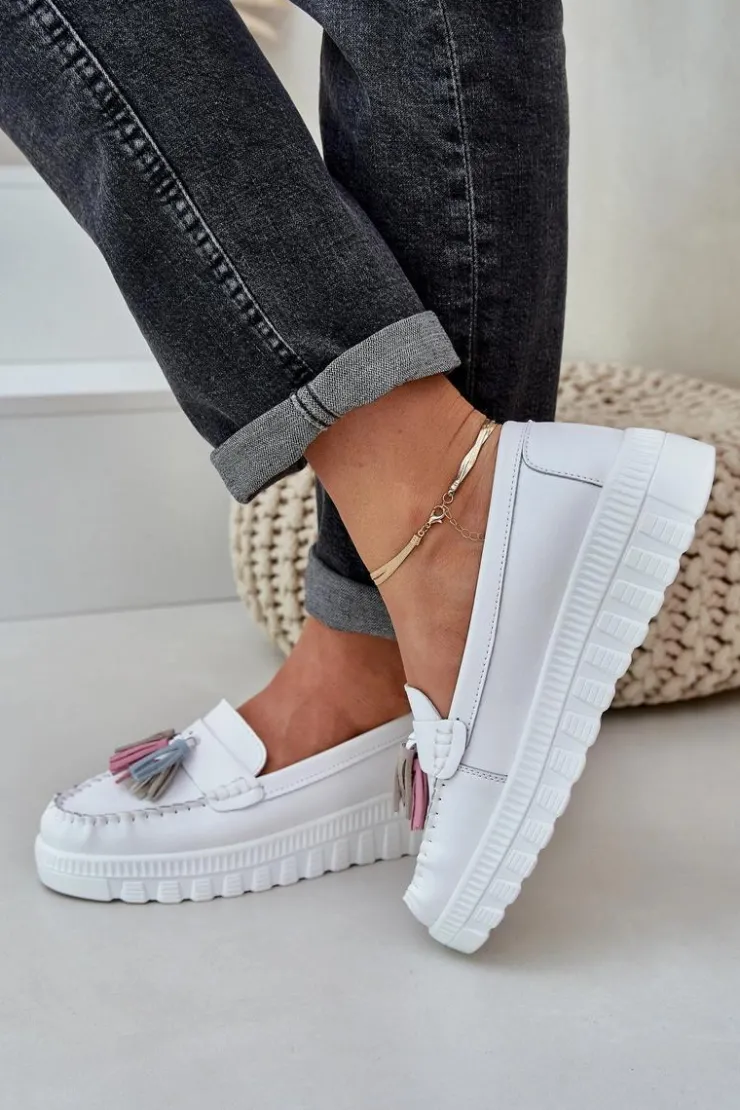 Evento Loafersy Damskie|Mokasyny Damskie Skórzane*Skórzane Mokasyny Damskie Z Frędzlami Na Platformie I Koturnie Białe Eleazetta