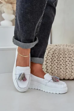 Evento Loafersy Damskie|Mokasyny Damskie Skórzane*Skórzane Mokasyny Damskie Z Frędzlami Na Platformie I Koturnie Białe Eleazetta