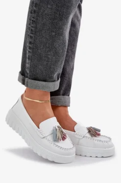 Evento Loafersy Damskie|Mokasyny Damskie Skórzane*Skórzane Mokasyny Damskie Z Frędzlami Na Platformie I Koturnie Białe Eleazetta
