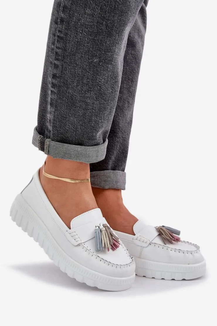 Evento Loafersy Damskie|Mokasyny Damskie Skórzane*Skórzane Mokasyny Damskie Z Frędzlami Na Platformie I Koturnie Białe Eleazetta