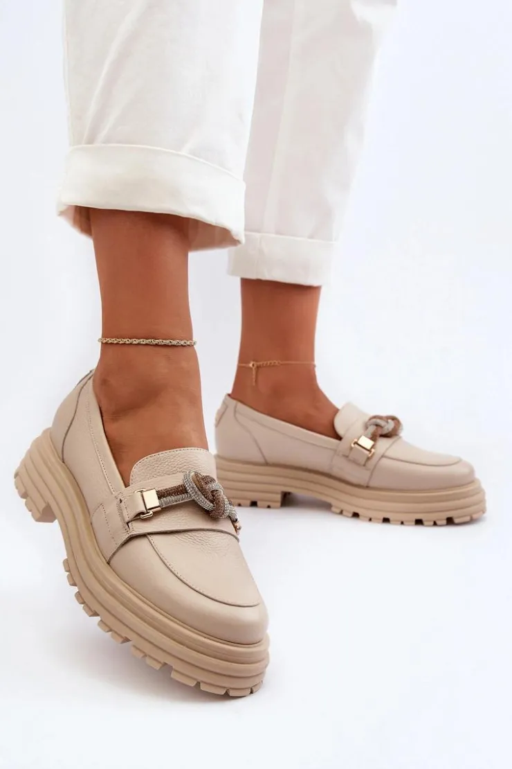 Damskie Laura Messi Skórzane Mokasyny Damskie Z Ozdobą 2780 Beżowe