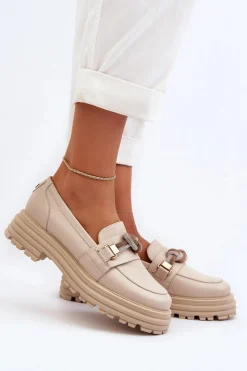 Damskie Laura Messi Skórzane Mokasyny Damskie Z Ozdobą 2780 Beżowe