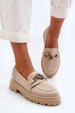 Damskie Laura Messi Skórzane Mokasyny Damskie Z Ozdobą 2780 Beżowe