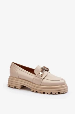 Damskie Laura Messi Skórzane Mokasyny Damskie Z Ozdobą 2780 Beżowe