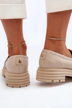 Damskie Laura Messi Skórzane Mokasyny Damskie Z Ozdobą 2780 Beżowe