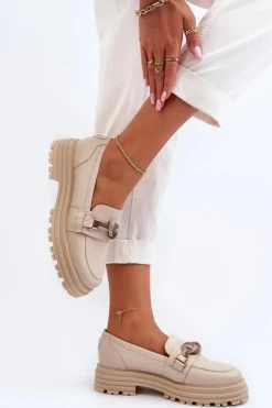 Damskie Laura Messi Skórzane Mokasyny Damskie Z Ozdobą 2780 Beżowe