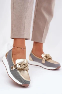 Damskie Damskie buty S.Barski Skórzane Mokasyny Damskie Z Ozdobą D&A LR51-966 Złote