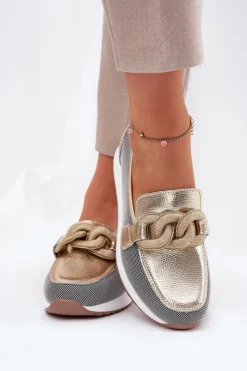 Damskie Damskie buty S.Barski Skórzane Mokasyny Damskie Z Ozdobą D&A LR51-966 Złote