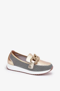 Damskie Damskie buty S.Barski Skórzane Mokasyny Damskie Z Ozdobą D&A LR51-966 Złote