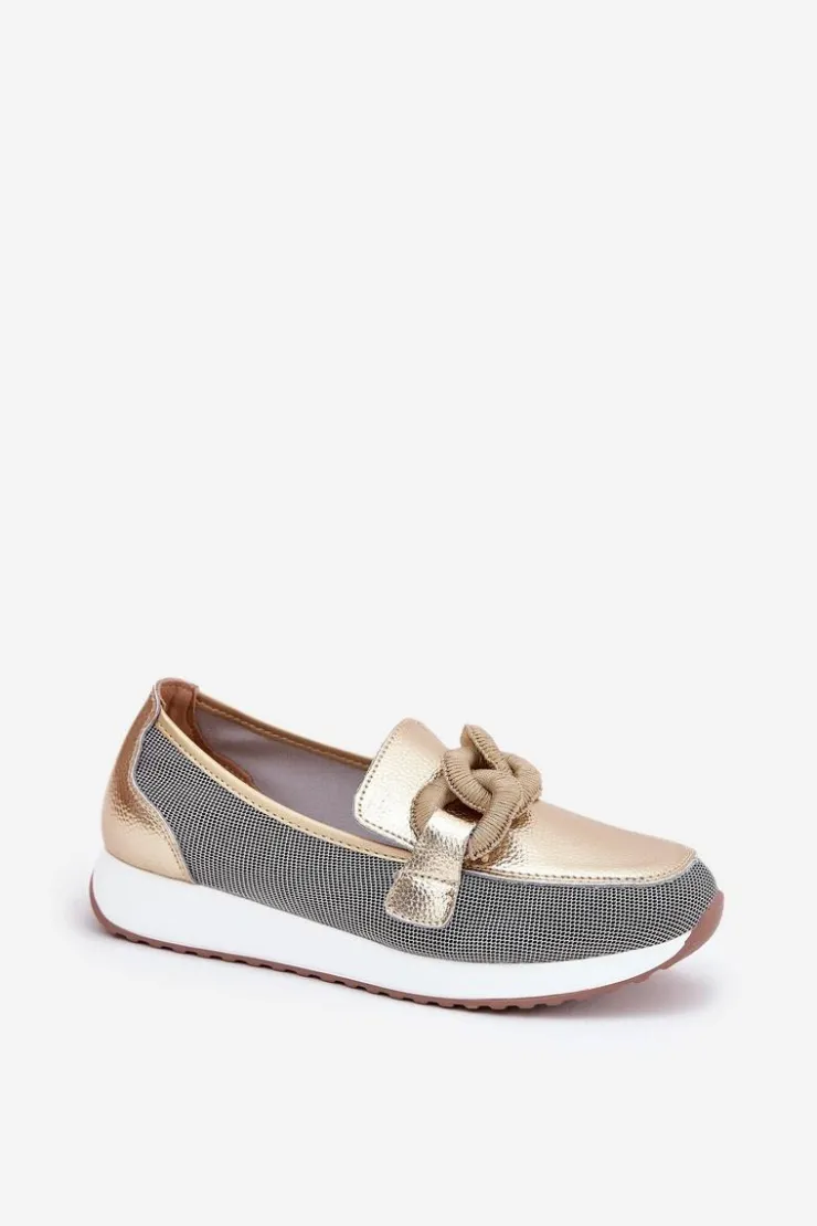 Damskie Damskie buty S.Barski Skórzane Mokasyny Damskie Z Ozdobą D&A LR51-966 Złote