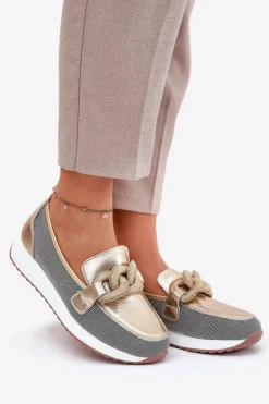 Damskie Damskie buty S.Barski Skórzane Mokasyny Damskie Z Ozdobą D&A LR51-966 Złote