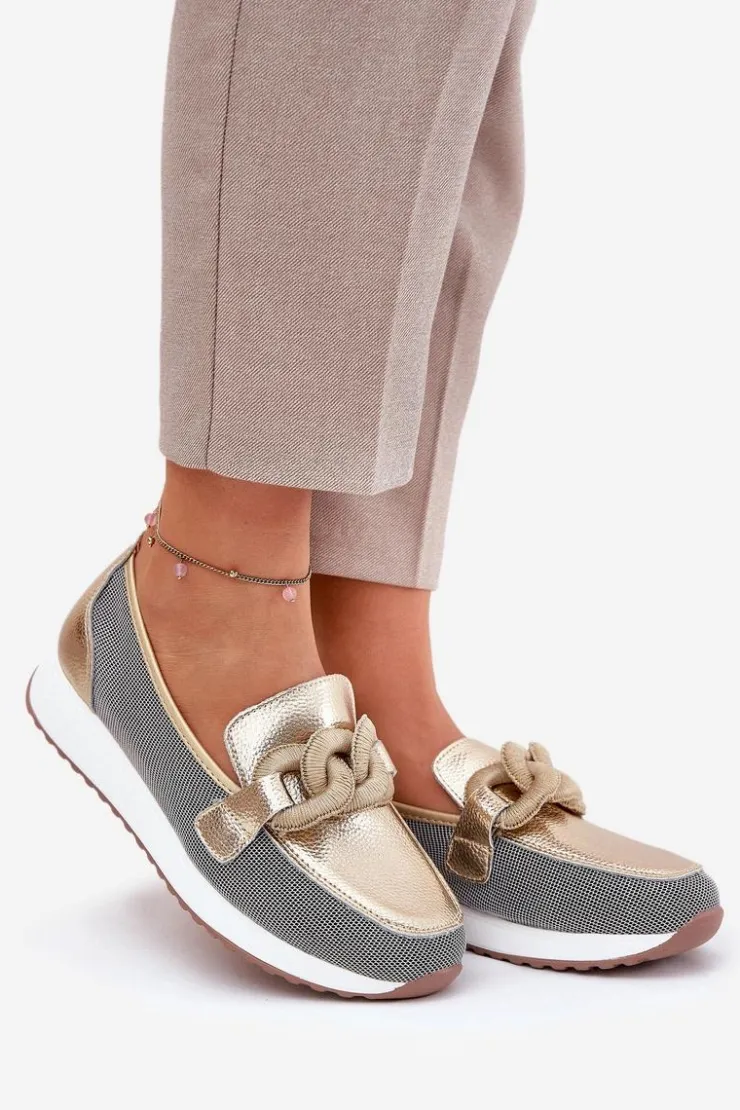 Damskie Damskie buty S.Barski Skórzane Mokasyny Damskie Z Ozdobą D&A LR51-966 Złote