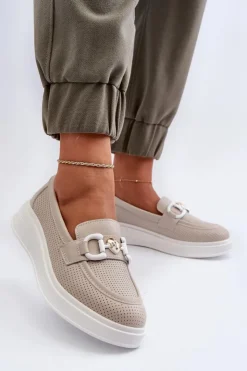 Damskie buty S.Barski Loafersy Damskie|Mokasyny Damskie Skórzane*Skórzane Mokasyny Damskie Na Platformie Beżowe S.Barski LR720 Beżowy