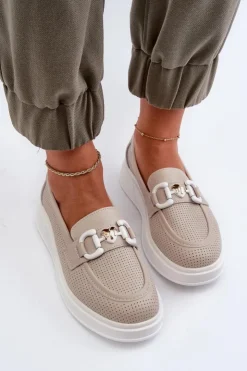 Damskie buty S.Barski Loafersy Damskie|Mokasyny Damskie Skórzane*Skórzane Mokasyny Damskie Na Platformie Beżowe S.Barski LR720 Beżowy