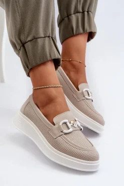 Damskie buty S.Barski Loafersy Damskie|Mokasyny Damskie Skórzane*Skórzane Mokasyny Damskie Na Platformie Beżowe S.Barski LR720 Beżowy