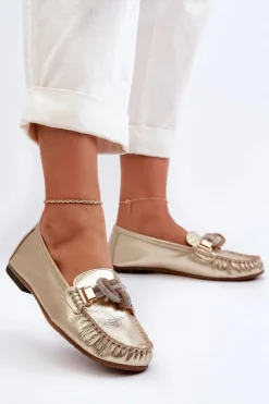 Laura Messi Loafersy Damskie|Mokasyny Płaskie*Skórzane Mokasyny Damskie Z Ozdobą 2761 Złote