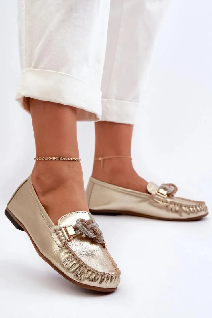 Laura Messi Loafersy Damskie|Mokasyny Płaskie*Skórzane Mokasyny Damskie Z Ozdobą 2761 Złote