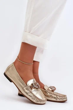 Laura Messi Loafersy Damskie|Mokasyny Płaskie*Skórzane Mokasyny Damskie Z Ozdobą 2761 Złote