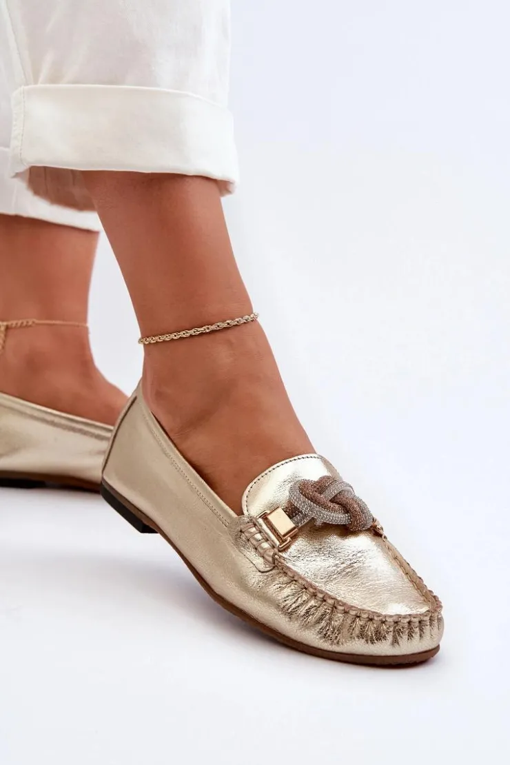 Laura Messi Loafersy Damskie|Mokasyny Płaskie*Skórzane Mokasyny Damskie Z Ozdobą 2761 Złote