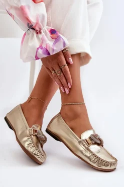 Laura Messi Loafersy Damskie|Mokasyny Płaskie*Skórzane Mokasyny Damskie Z Ozdobą 2761 Złote