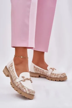 Sale Laura Messi Skórzane Mokasyny Damskie Ze Złotym Detalem 2938 Jasnobeżowe