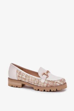 Sale Laura Messi Skórzane Mokasyny Damskie Ze Złotym Detalem 2938 Jasnobeżowe