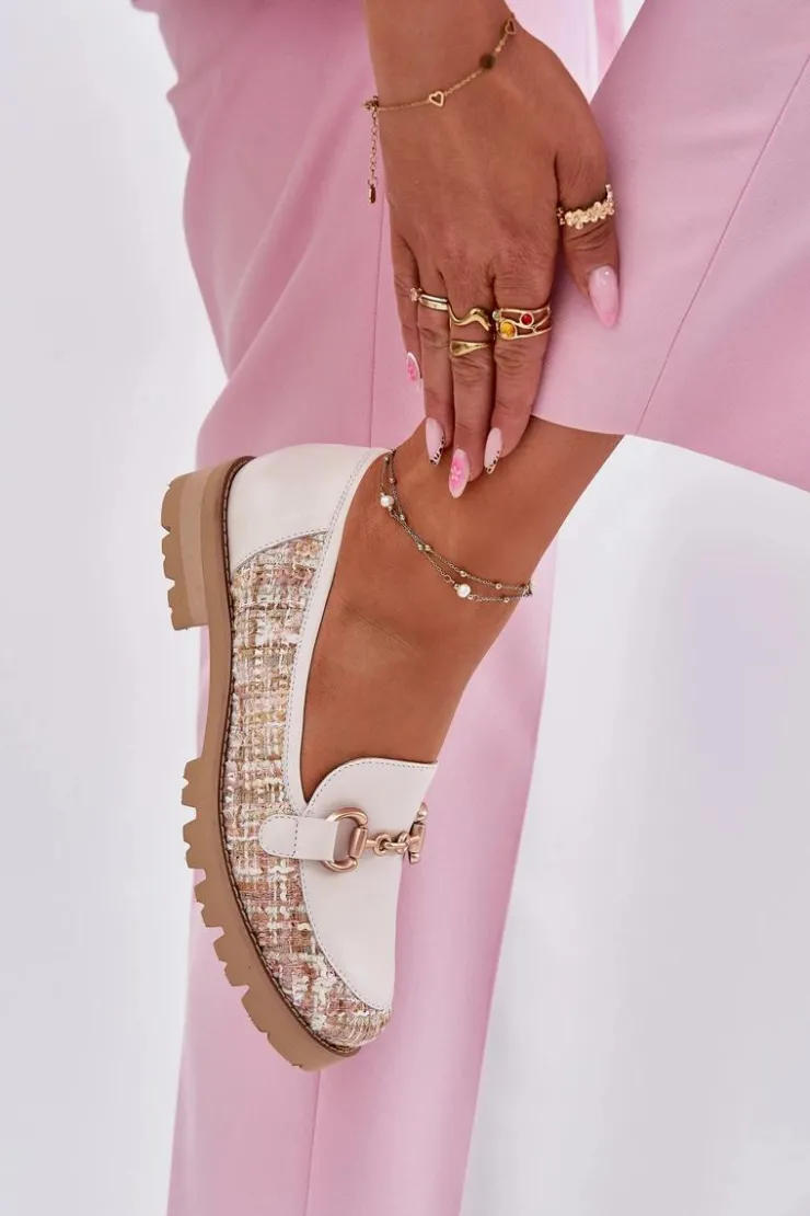 Sale Laura Messi Skórzane Mokasyny Damskie Ze Złotym Detalem 2938 Jasnobeżowe