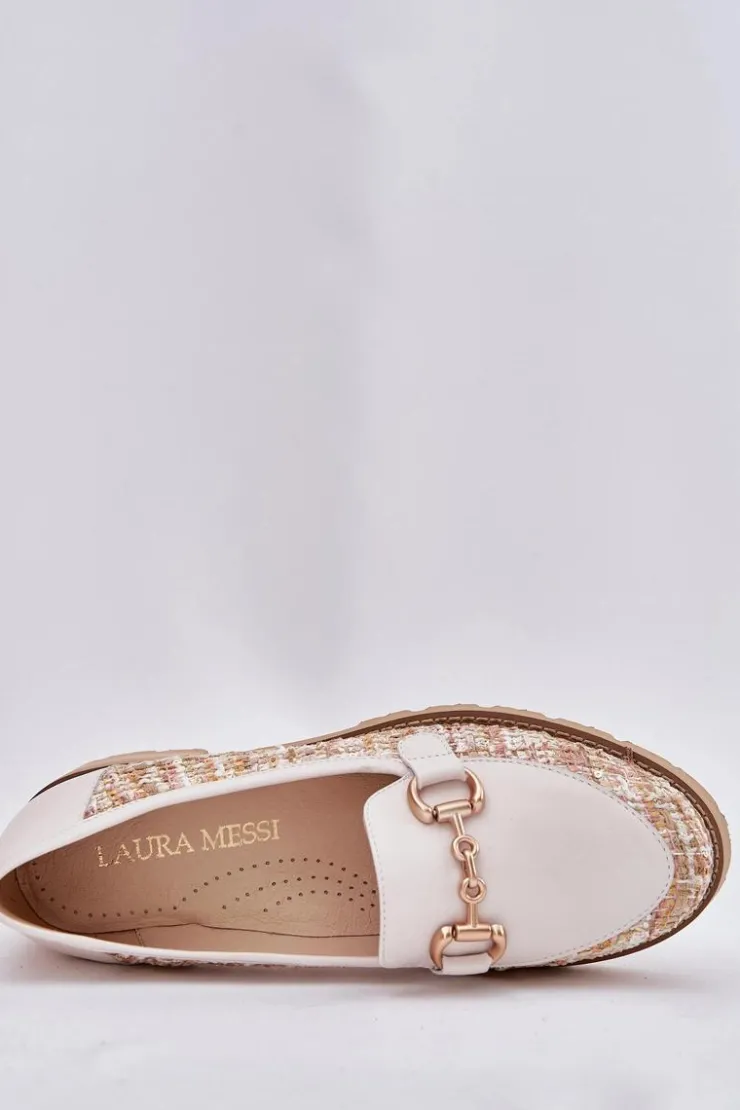 Sale Laura Messi Skórzane Mokasyny Damskie Ze Złotym Detalem 2938 Jasnobeżowe