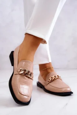 New Damskie buty S.Barski Skórzane Mokasyny Loafery Z Łańcuchem Beżowe Killen