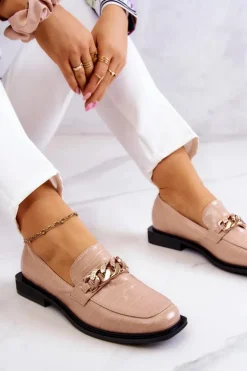 New Damskie buty S.Barski Skórzane Mokasyny Loafery Z Łańcuchem Beżowe Killen