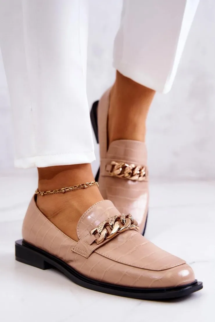 New Damskie buty S.Barski Skórzane Mokasyny Loafery Z Łańcuchem Beżowe Killen