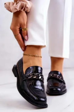 Online Damskie buty S.Barski Skórzane Mokasyny Loafery Z Łańcuchem Czarne Killen