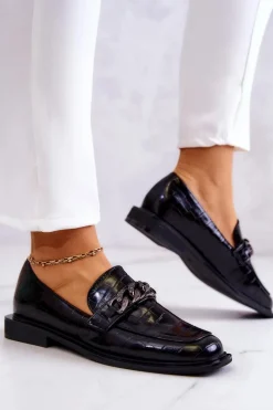 Online Damskie buty S.Barski Skórzane Mokasyny Loafery Z Łańcuchem Czarne Killen