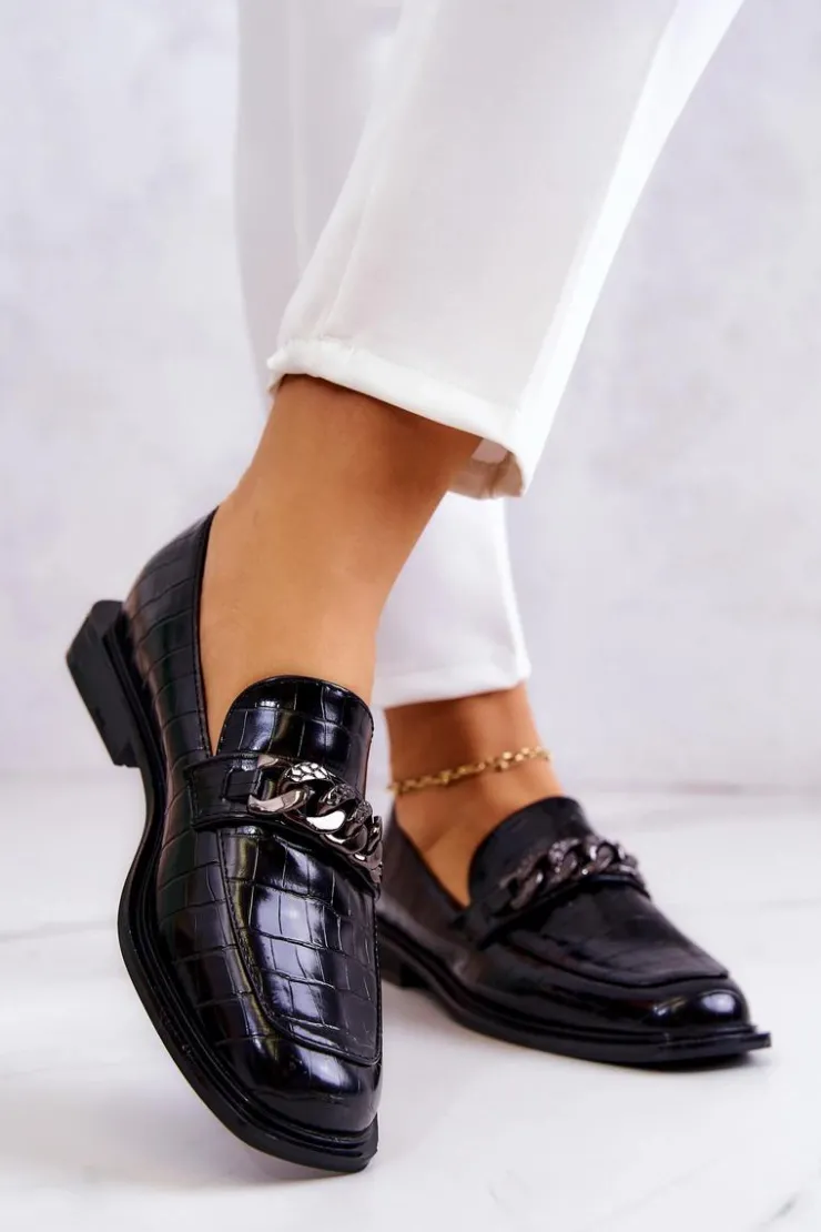 Online Damskie buty S.Barski Skórzane Mokasyny Loafery Z Łańcuchem Czarne Killen