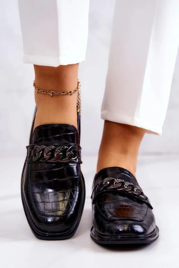 Online Damskie buty S.Barski Skórzane Mokasyny Loafery Z Łańcuchem Czarne Killen