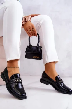 Online Damskie buty S.Barski Skórzane Mokasyny Loafery Z Łańcuchem Czarne Killen