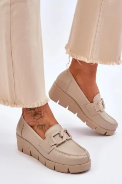 Best Boto Skórzane Mokasyny Na Koturnie Beżowe Lemar Felicita Beżowy